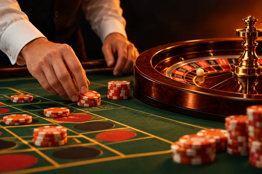 Mesa de casino ao vivo com crupiê