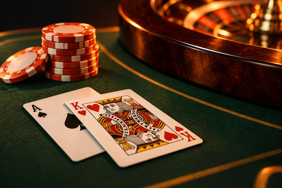 Mesa de cartas e roda de roleta