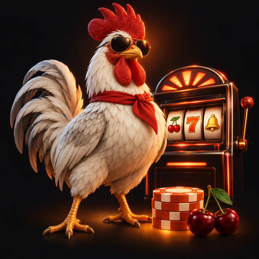 Galo mascote do Ginja Casino com fichas e rolos de slot em fundo escuro