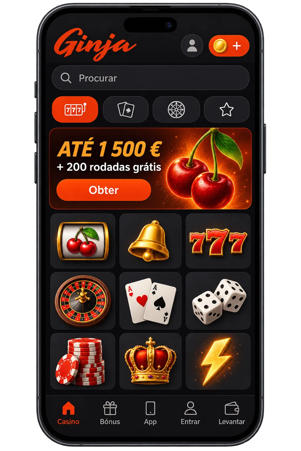 Ecrã inicial do Ginja Casino num telemóvel, com a grelha de jogos e a barra de navegação em baixo